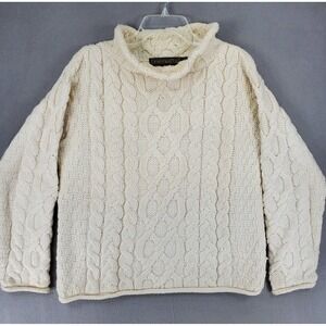 Inis Crafts Women Sz L Merino Wool Ireland Pullover Sweater Cable Knit Roll Neck